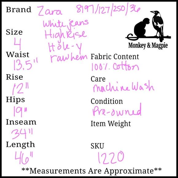 ZARA Womens Size 4 Jeans High Rise Straight Leg Holey Distressed Hem White - Picture 8 of 8